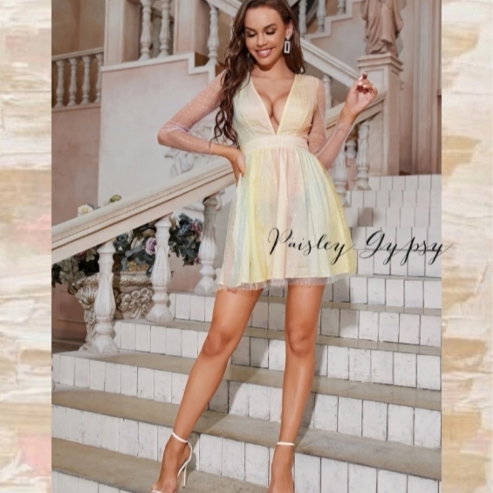 Fun and Flirty Semi Sheer Mini Formal Dress Pastel Rainbow Shades